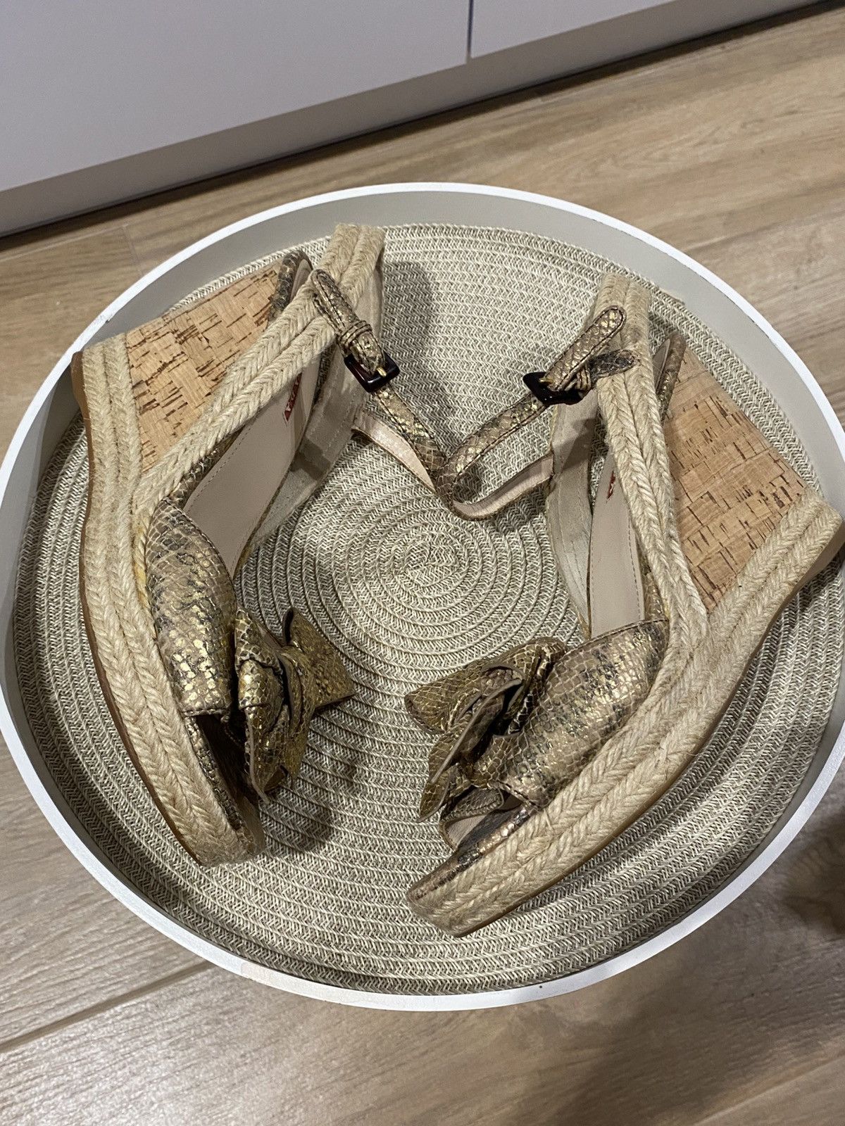 Prada Prada Bow Sandals with Ankle Strap Gold Snakeskin Leather Size US 11 / IT 41 - 10 Thumbnail