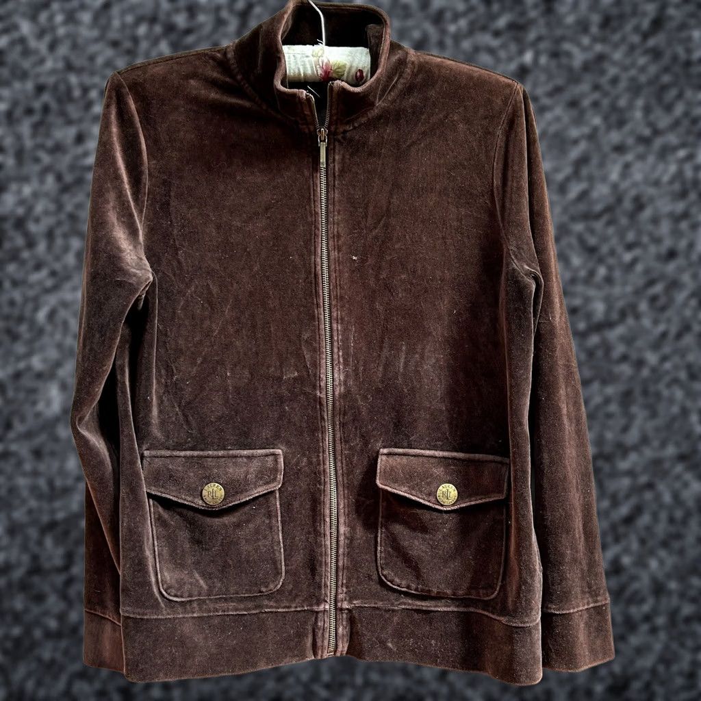 Ralph Lauren Lauren Ralph Lauren Womens Large Brown Velvet Track Jacket Full Zip Mock Neck Size L / US 10 / IT 46 - 1 Thumbnail