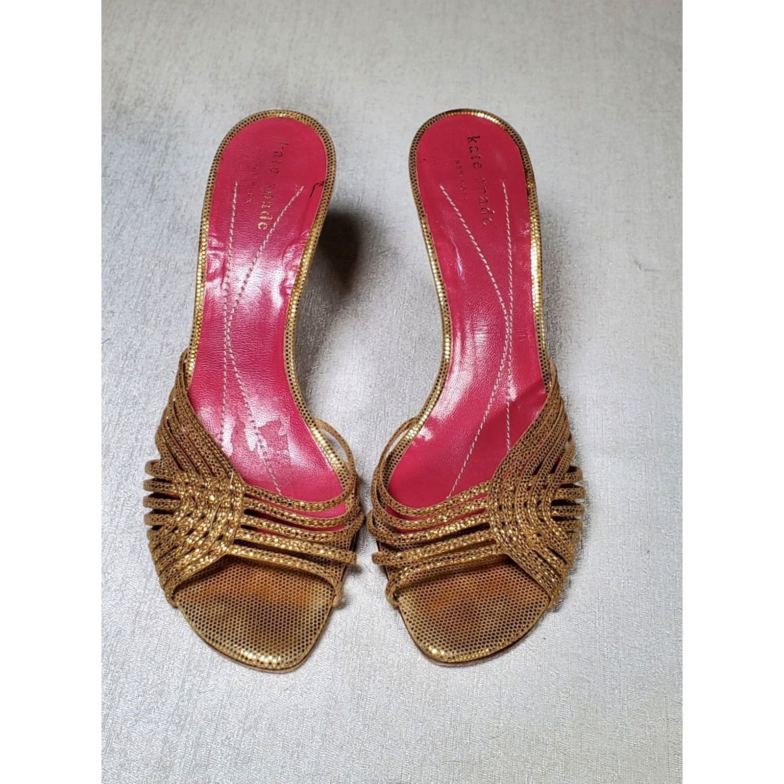 Vintage Kate Spade New York Gold Metallic Leather Open Toe Slip On High Heels Women US 7.5 B Italy Stiletto Size US 8 / IT 38 - 7 Thumbnail
