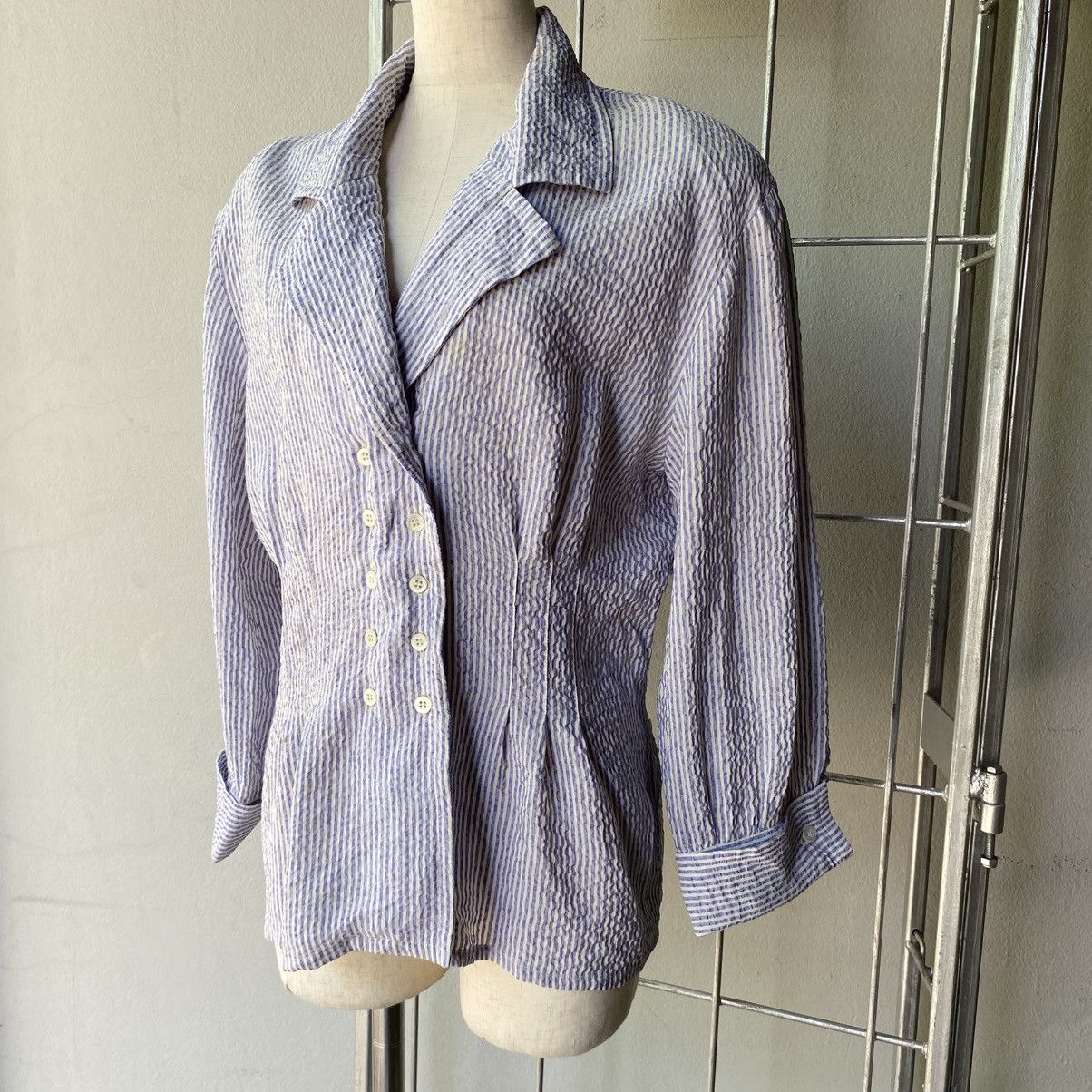 Celine CELINE Blue & White Striped Textured Blazer Shirt Size M / US 6-8 / IT 42-44 - 4 Thumbnail
