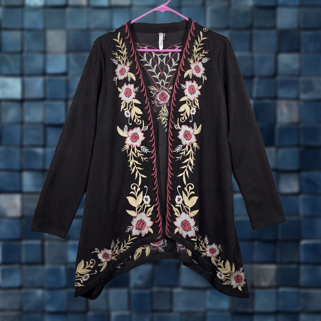 Vintage MONORENO Women Cardigan Open Front Floral Embroidered Black Sz S Knit Boho Long Sleeve Fall V-Neck Casual Size S / US 4 / IT 40 - 1 Thumbnail
