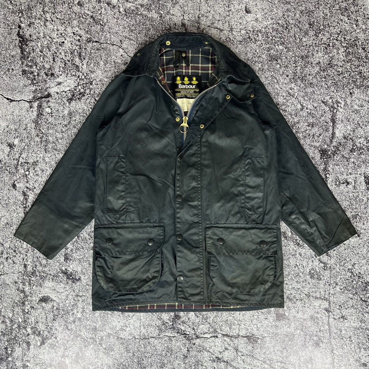 image of Vintage Barbour Beaufort Waxed Jacket Logo Size C36 / 91Cm in Dark Blue, Men's