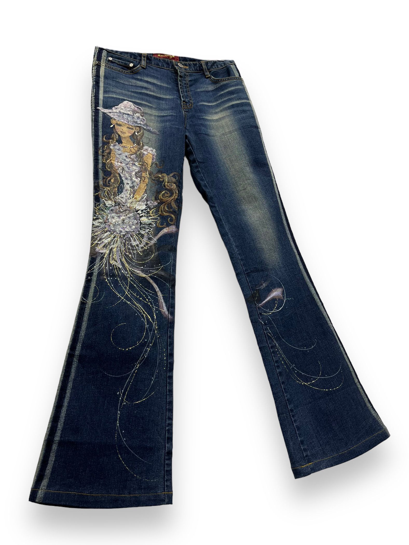 Art Comes First ART💥 CELTA Hand Painting Stretch Denim Flared Size US 29 - 5 Thumbnail