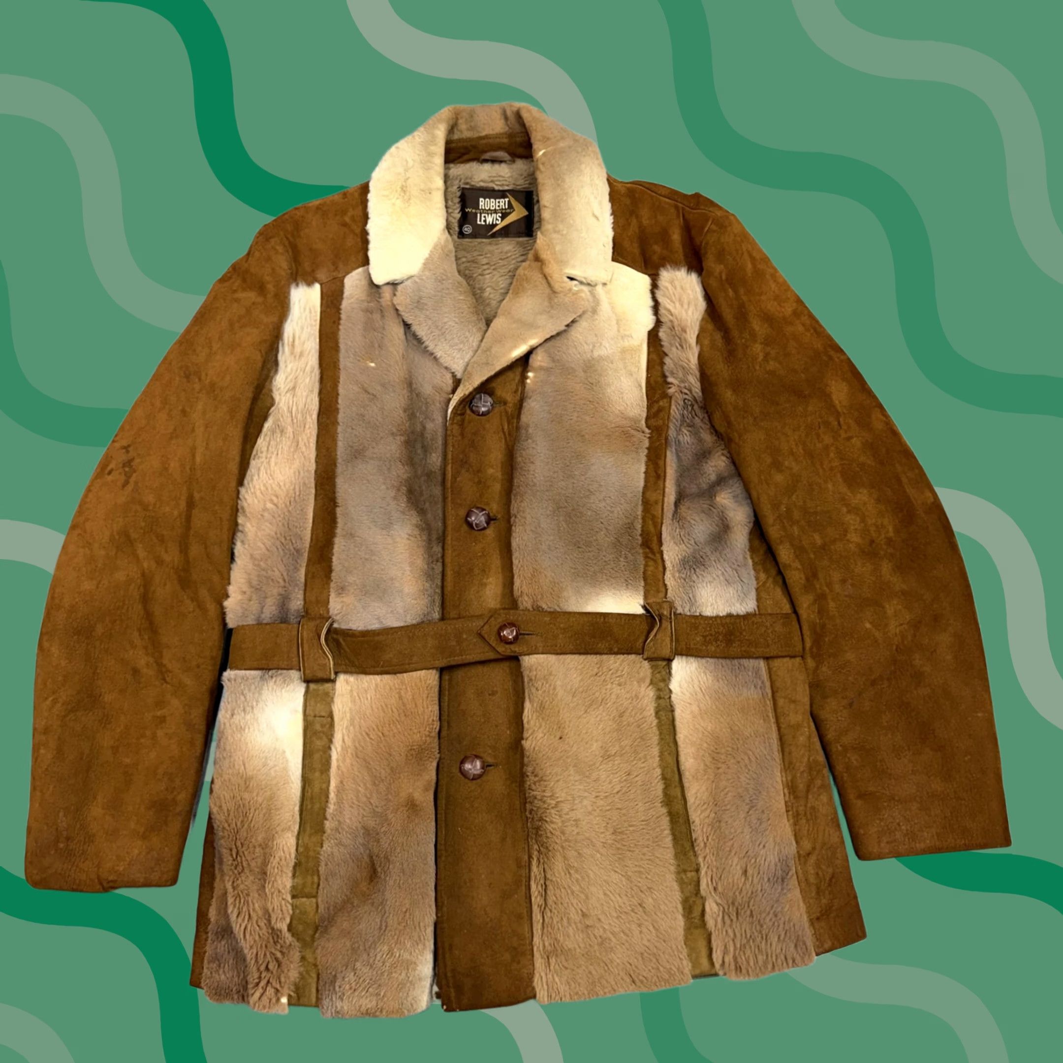 Vintage Vintage Robert Lewis Coat Mens 40 Brown Fur Shearling Grizzly Overcoat Wool Lined Belted Buttoned Fur Trim Classic Casual Winter Mens Size US XXS / EU 40 - 1 Thumbnail