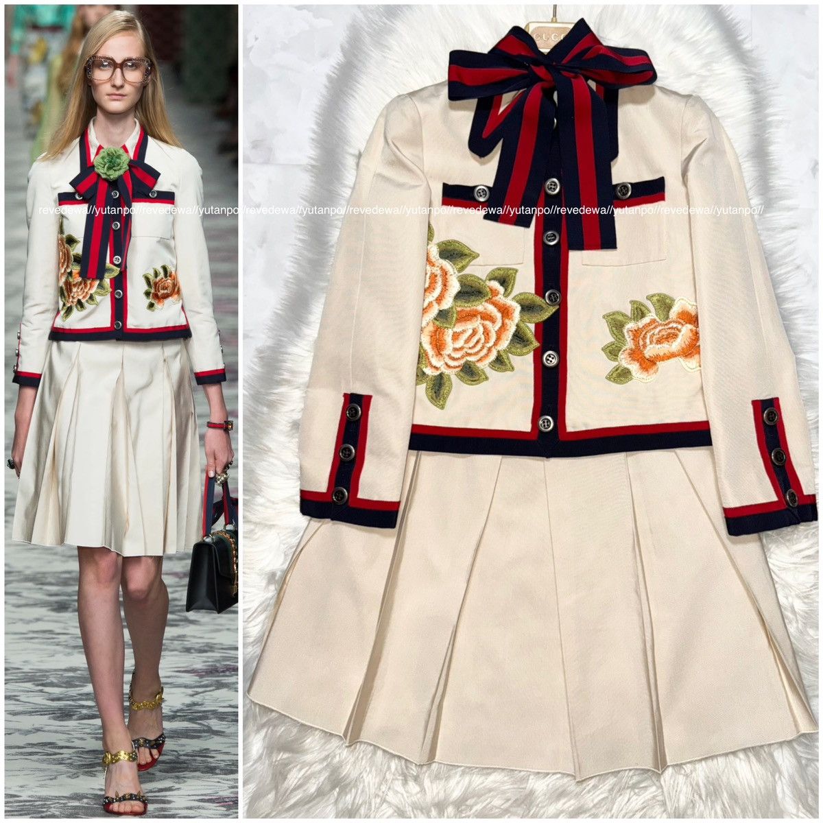 Gucci flower embroidery ribbon skirt suit size 38 ivory