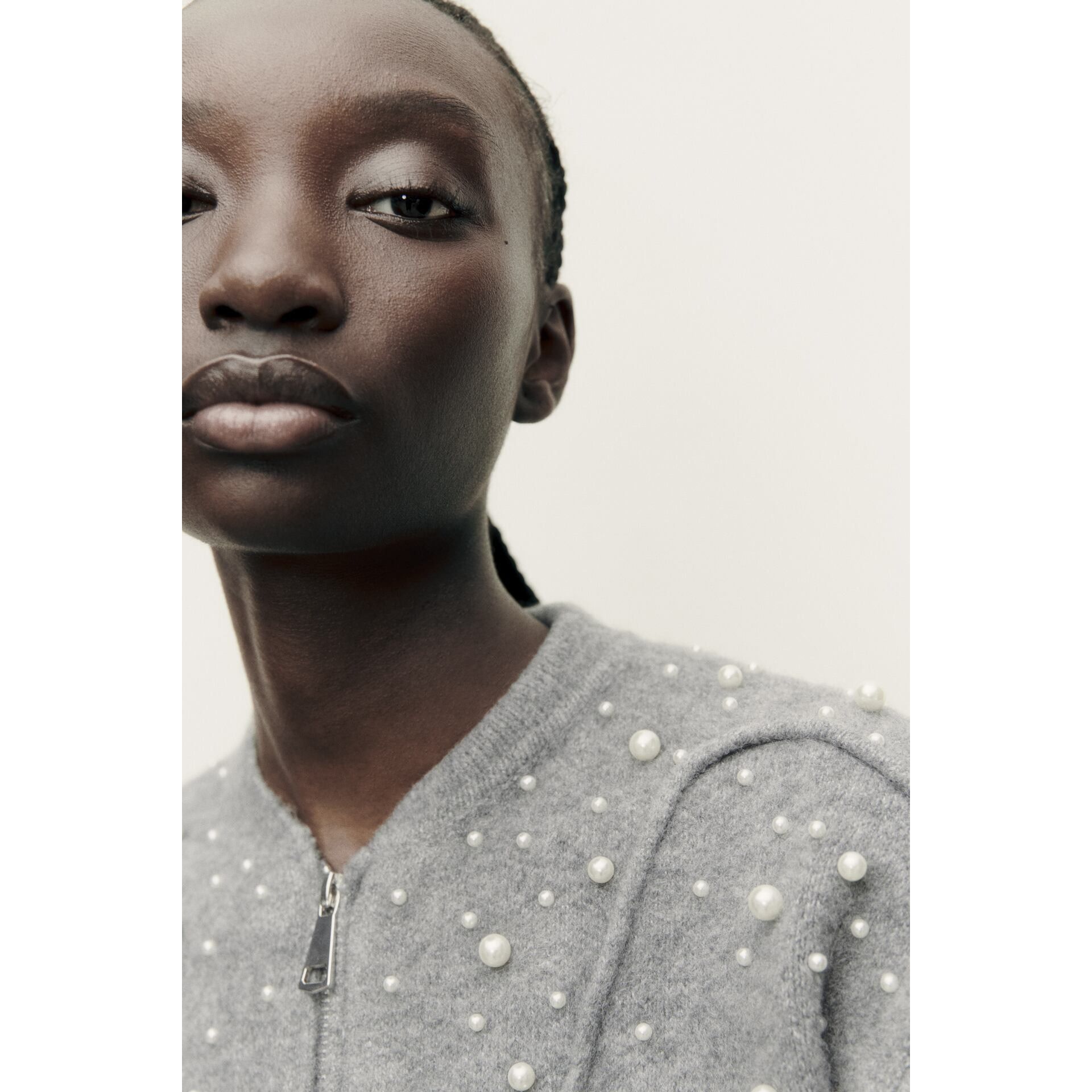 Zara Zara Grey Pearl-Embellished Bomber Zip Cardigan Size S / US 4 / IT 40 - 3 Thumbnail