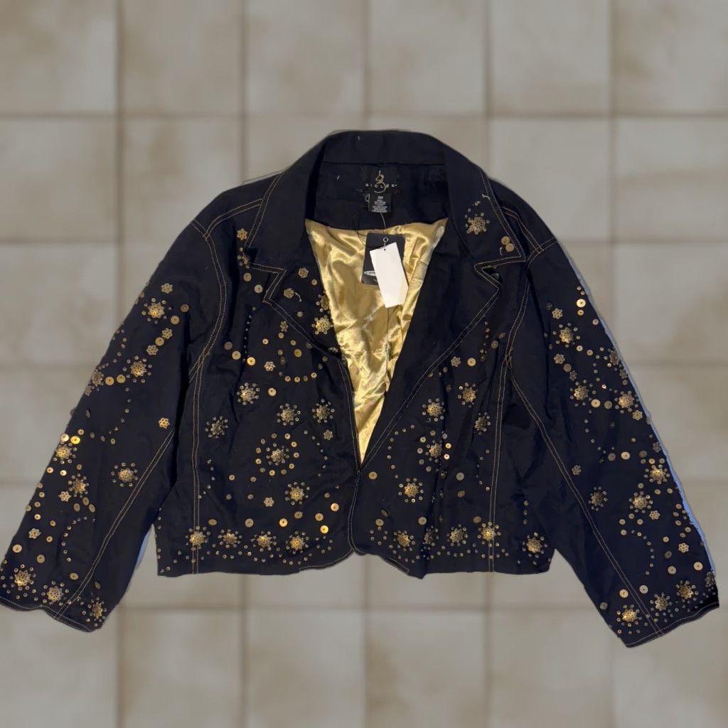 Denime Giclee Denim Jacket 30W Gold Lining & Gold Sequined Floral Embilsihed NWT Size 4XL / US 24-26 - 1 Thumbnail
