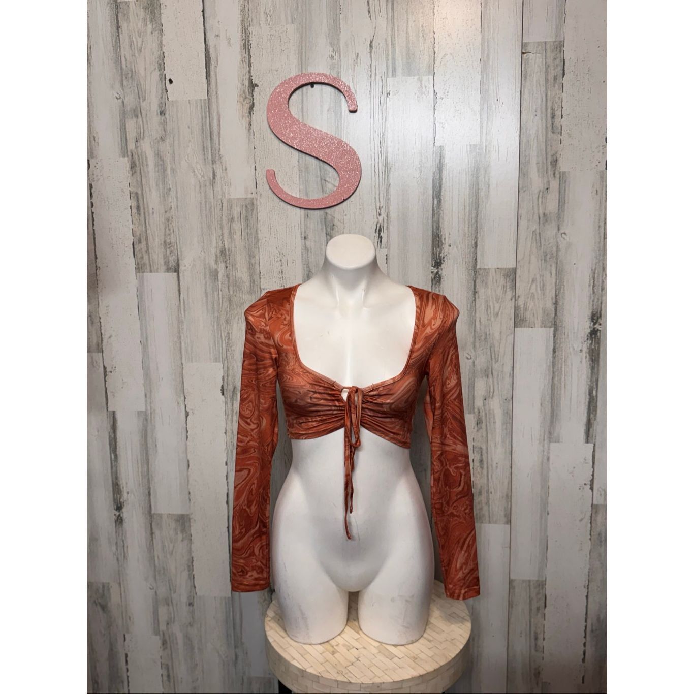 Other Rust Marble Print Long Sleeve Tie Front Crop Top | Ruched Front Stretchy Shirt – Size Small Size S / US 4 / IT 40 - 1 Thumbnail