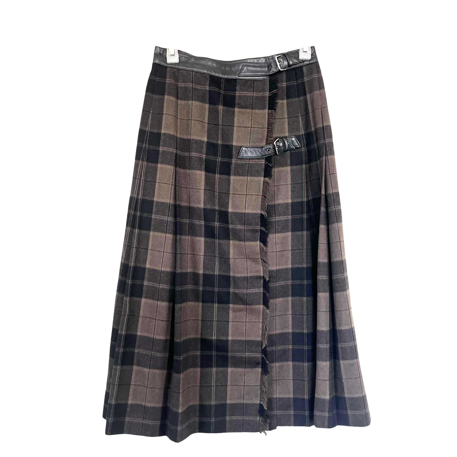 Escada Escada Brown Black Plaid Wool Leather Belt Midi Kilt Skirt Size 27" / US 4 / IT 40 - 1 Thumbnail