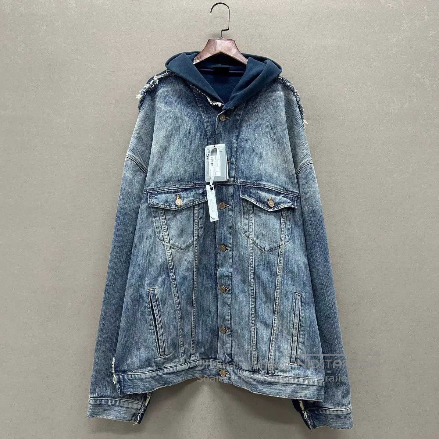 Balenciaga Blue Denim Hooded Jacket with Distressed Details. Size US L / EU 52-54 / 3 - 1 Thumbnail