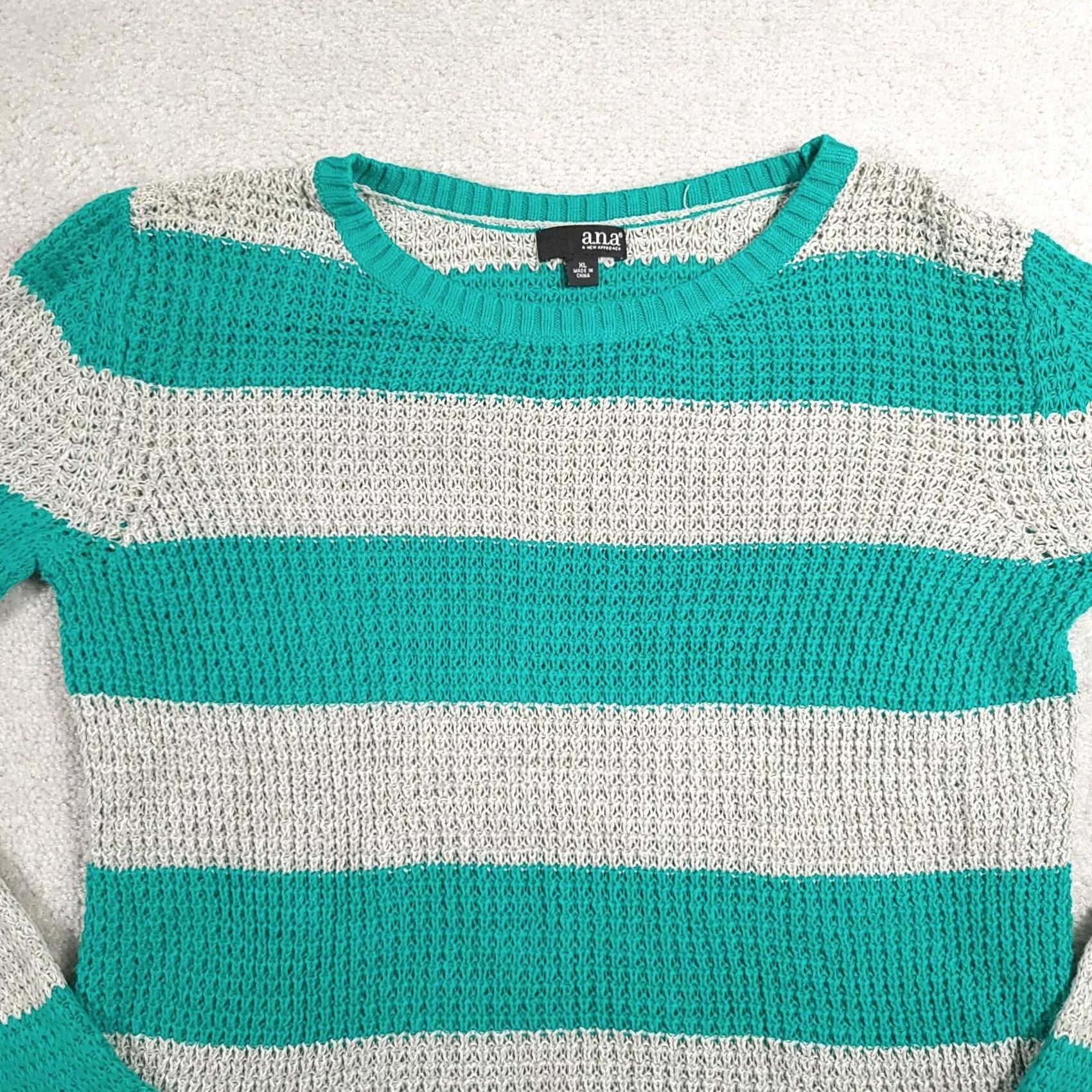 Vintage a.n.a Sweater Women's XL Green Gray Striped Long Sleeve Round Neck Open Knit Size XL / US 12-14 / IT 48-50 - 3 Thumbnail