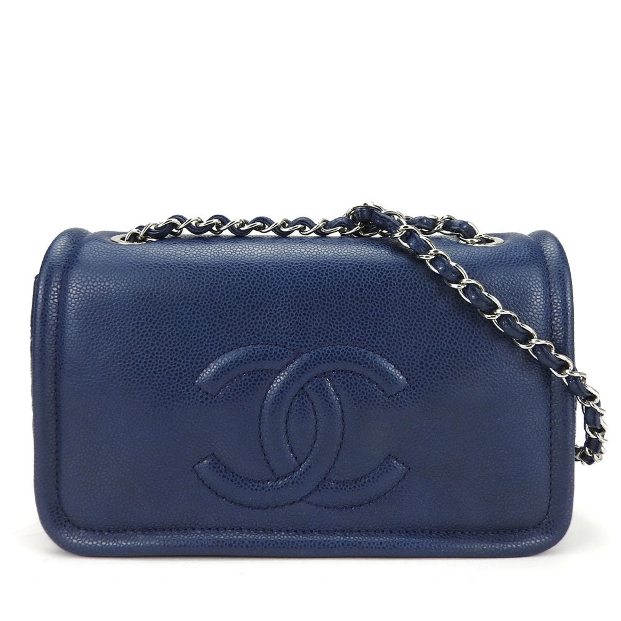 image of Chanel Shoulder Bag Matelasse Caviar Skin Navy Deca Coco Double Chain 13 Series Women's in Blue