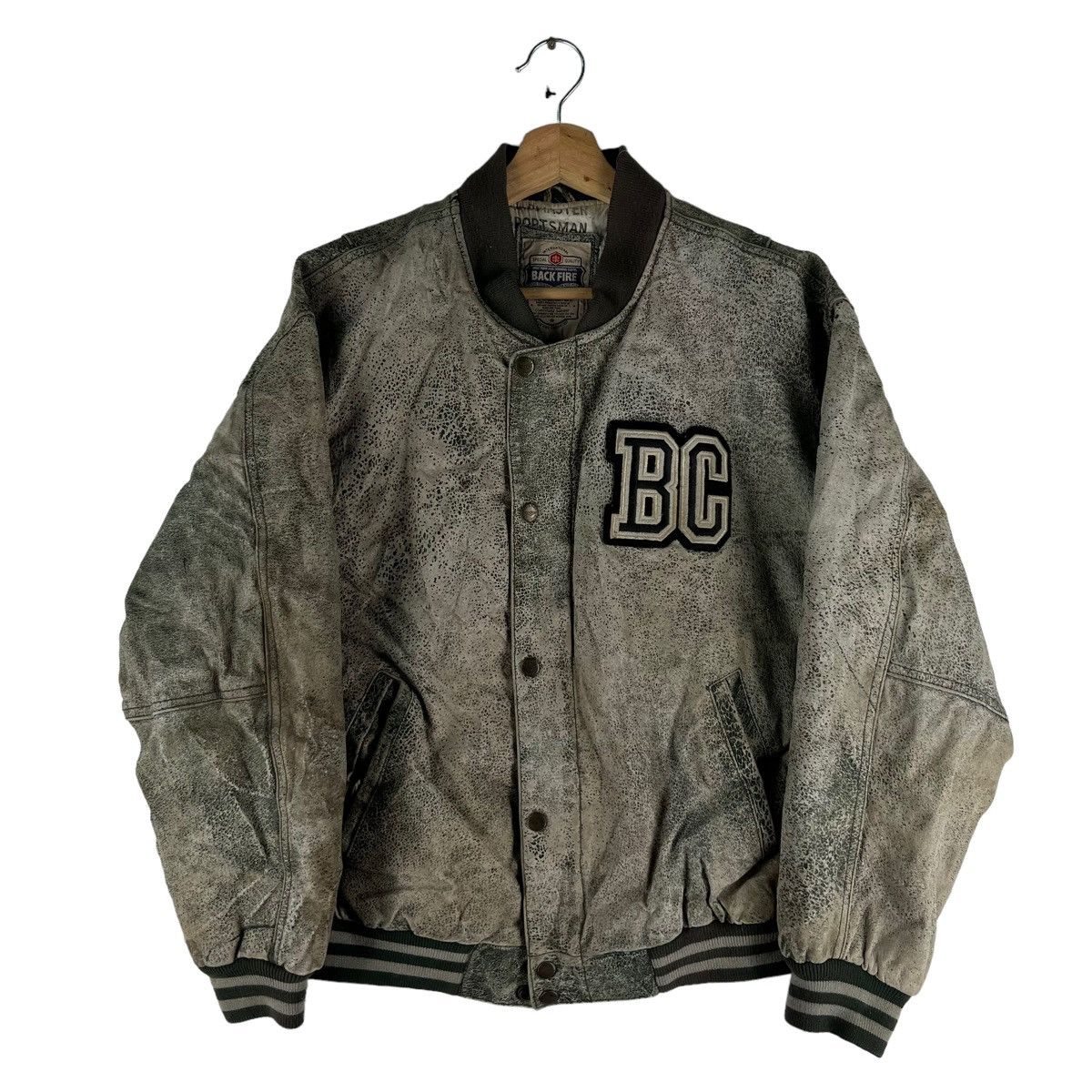 Japanese Brand 🔥VINTAGE BOMBER LEATHER JACKET BACK FIRE OVER PRINT PRINTED Size US L / EU 52-54 / 3 - 2 Thumbnail