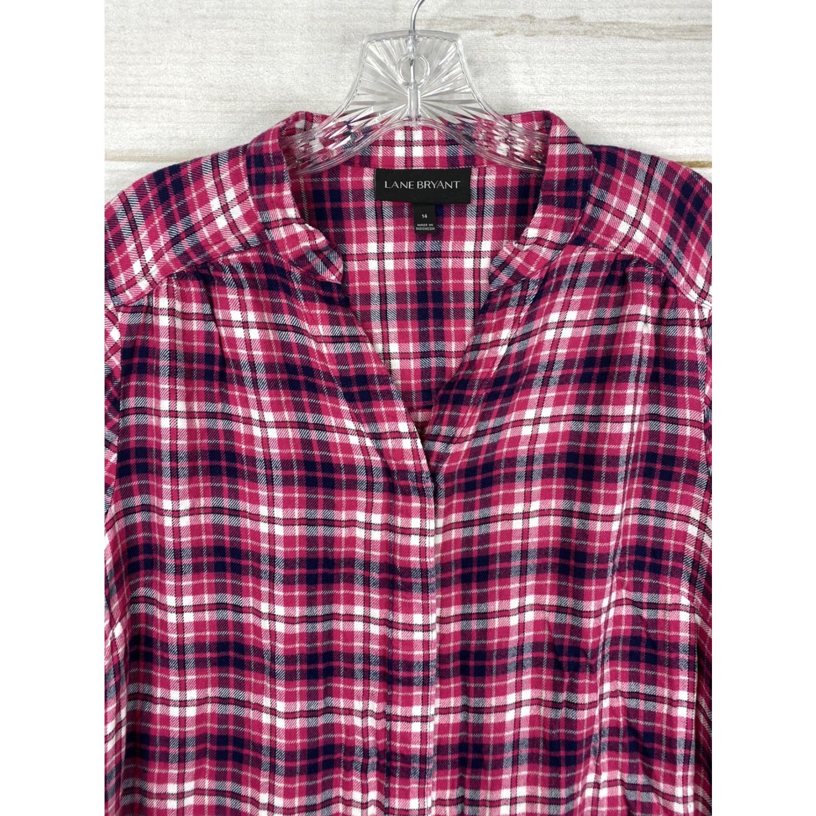 Vintage Lane Bryant Top Womens 14 Pink Plaid Rayon Flannel Button-Up Shirt Long Sleeve Collared Heather Pink Womens 14 Lane Bryant Size XL / US 12-14 / IT 48-50 - 2 Thumbnail