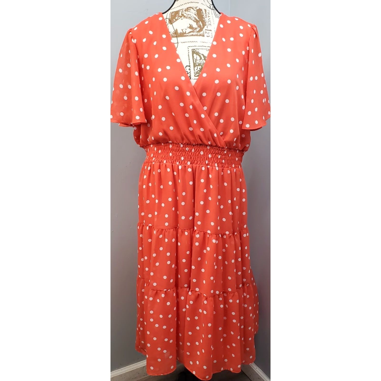 Vintage Danny and Nicole Womens 16 Orange & White Polka Dot Tiered Dress Midi Smocked Waist V-Neck Flutter Sleeve Short Sleeve Casual Party/Cocktail Size XXL / US 16-18 / IT 52-54 - 2 Thumbnail