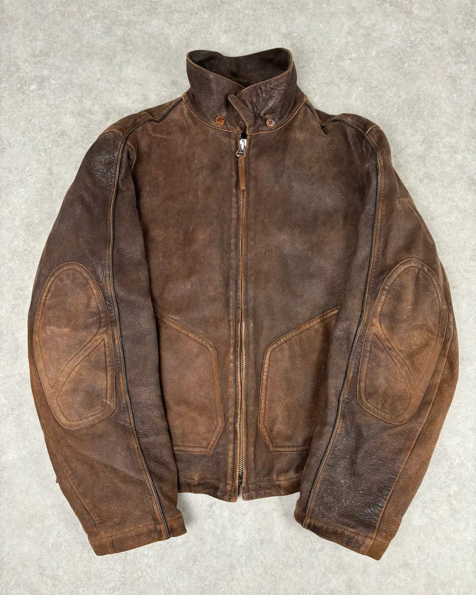 Armani 2000s Armani Biker Brown Faded Leather Jacket Size US L / EU 52-54 / 3 - 8 Thumbnail