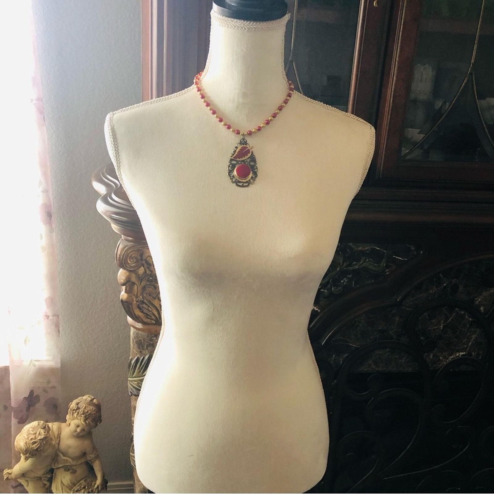 Handmade Handcrafted repurpose red enamel filigree pearl necklace Size ONE SIZE - 6 Thumbnail