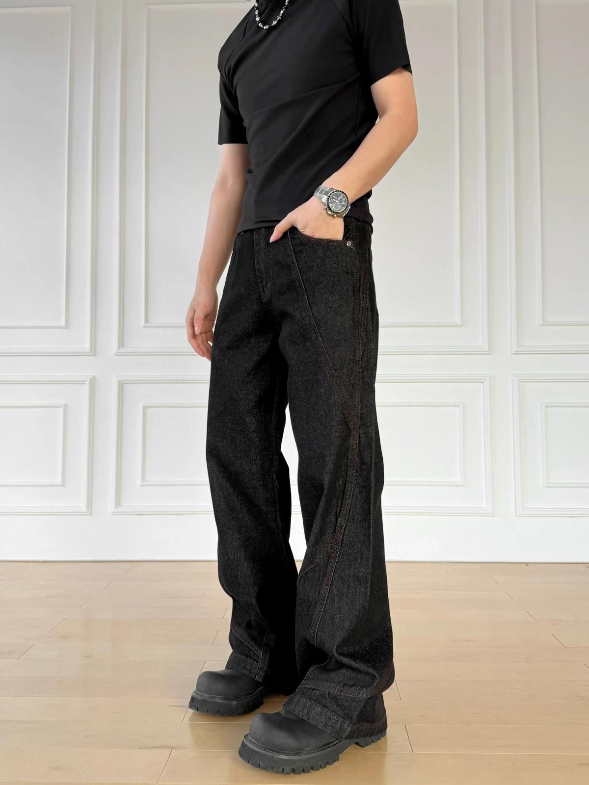 Jean Black Wide Leg Raw Denim Jeans Size US 32 / EU 48 - 1 Thumbnail