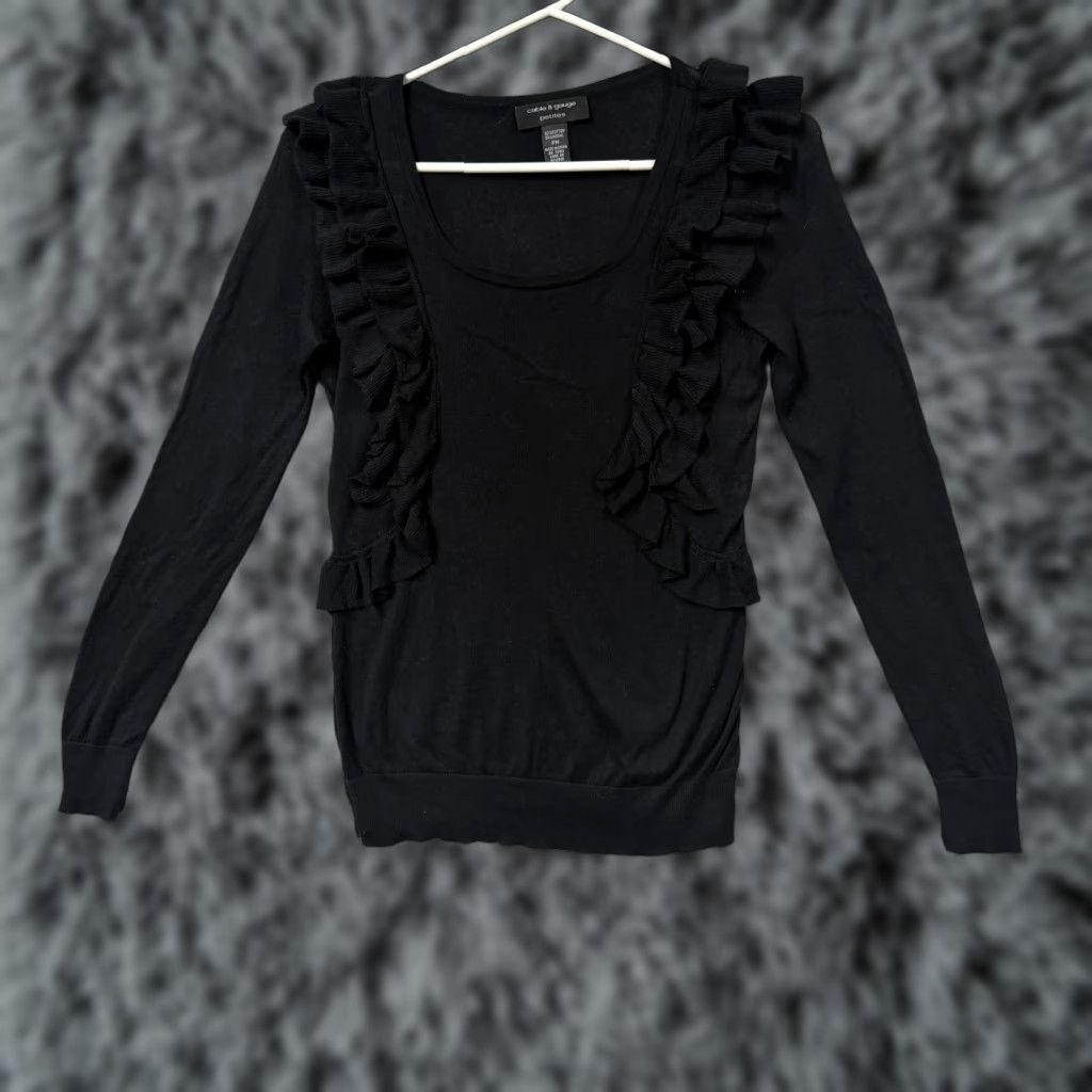 Vintage Cable & Gauge Womens PM Black Lightweight Knit Pullover Sweater Ruffle Front Cotton Modal Scoop Neck Office Chic Casual Knitwear Shoes? Size M / US 6-8 / IT 42-44 - 1 Thumbnail