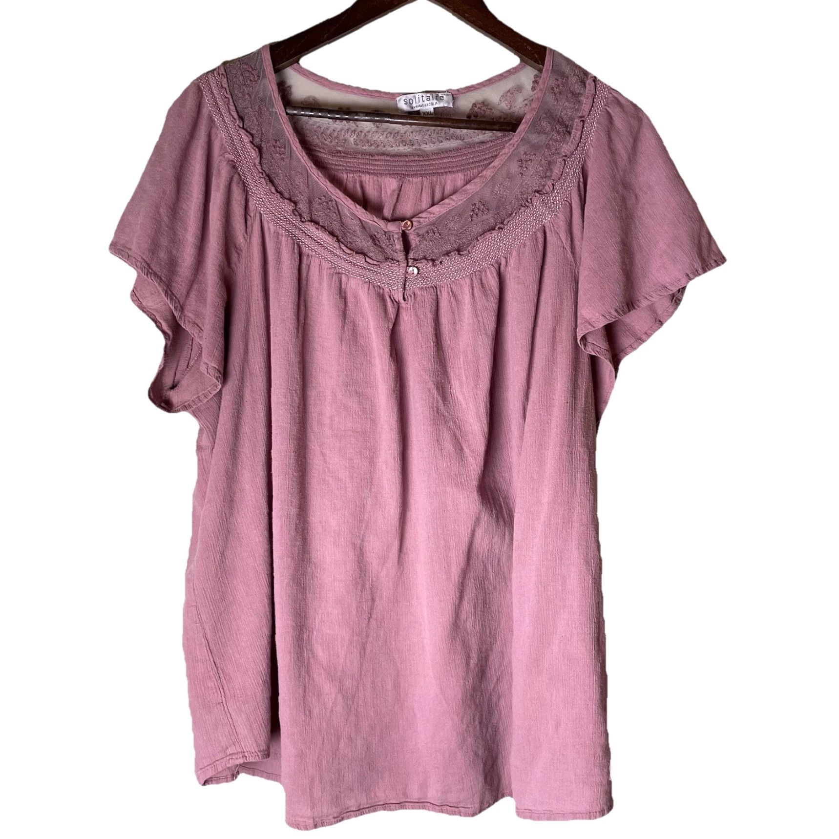 Pinko Solitaire Blouse Womens XXL Pink Embroidered Crochet Peasant Bohemian Flutter Sleeve V-Neck Rayon Regular 2XL Lace Margarine? Size XXL / US 16-18 / IT 52-54 - 2 Thumbnail