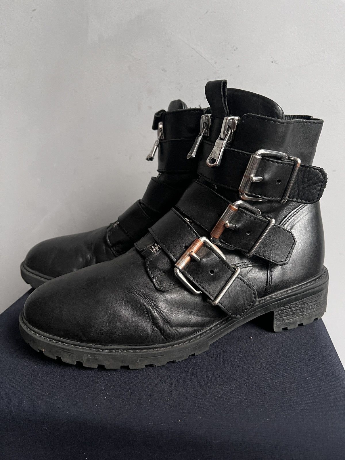 Hedi Slimane Rare leather belted ankle moto boots new rock style hype Size US 7.5 / EU 40-41 - 5 Thumbnail