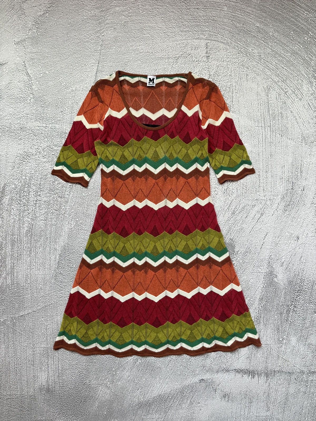 M Missoni Multicolor Chevron Patterned Knit Flared Dress