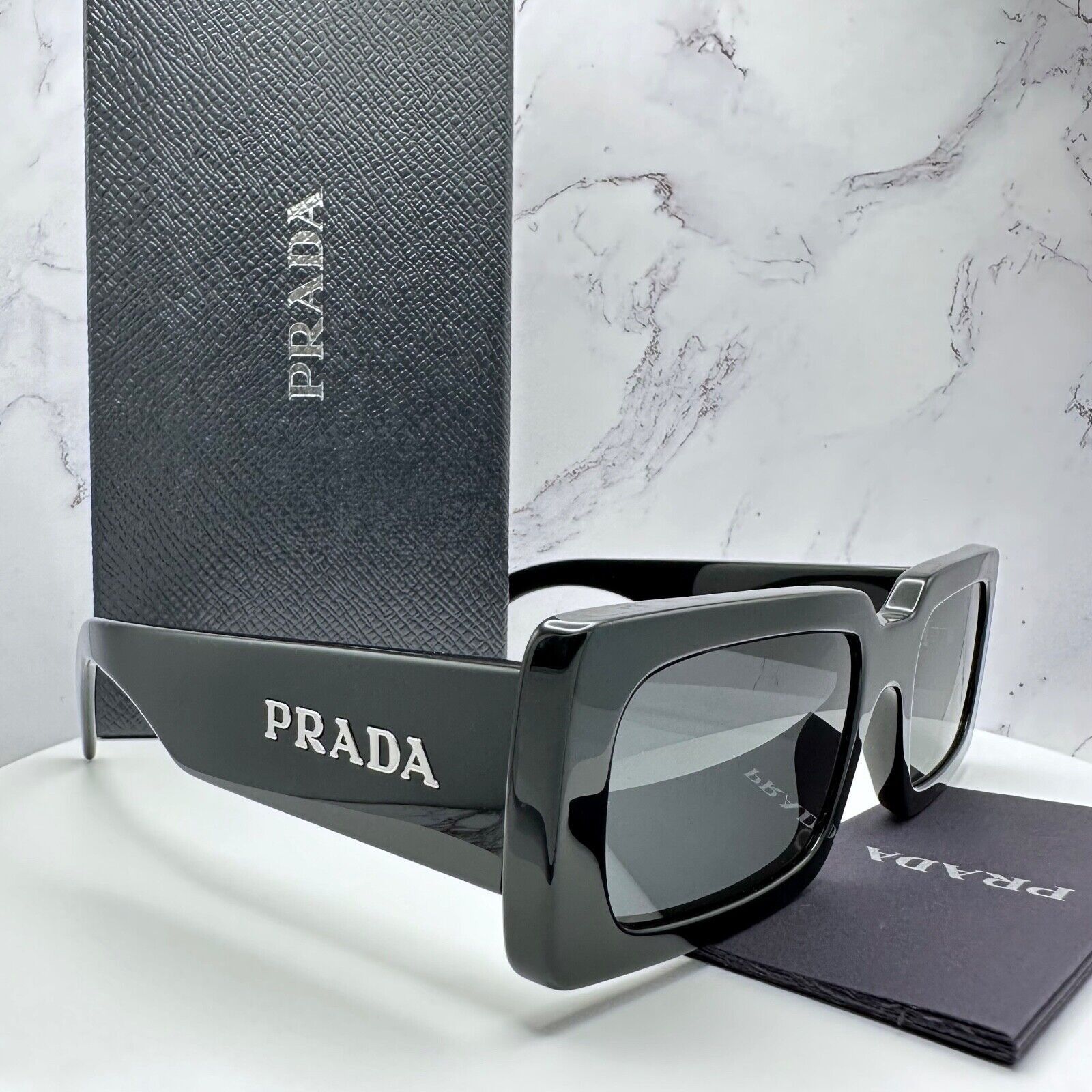 New Prada Sunglasses Black Acetate Rectangle