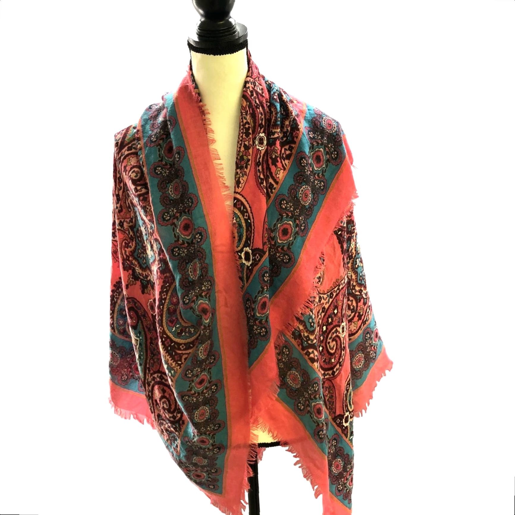 Loft VINTAGE Loft Square Fringe Scarf Womens Paisley Print Pink Blue Boho Shawl Neck Size ONE SIZE - 3 Thumbnail