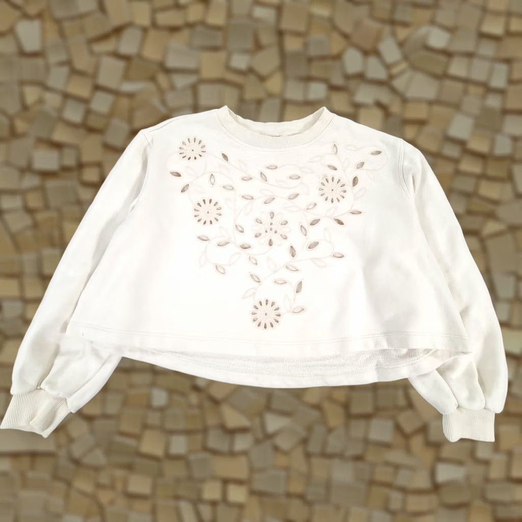 Vintage See By Chloé Sweatshirt Womens Beige Small Relaxed Cropped Embroidered Cut Off Crew Neck Pullover Activewear 100% Cotton Size S / US 4 / IT 40 - 1 Thumbnail