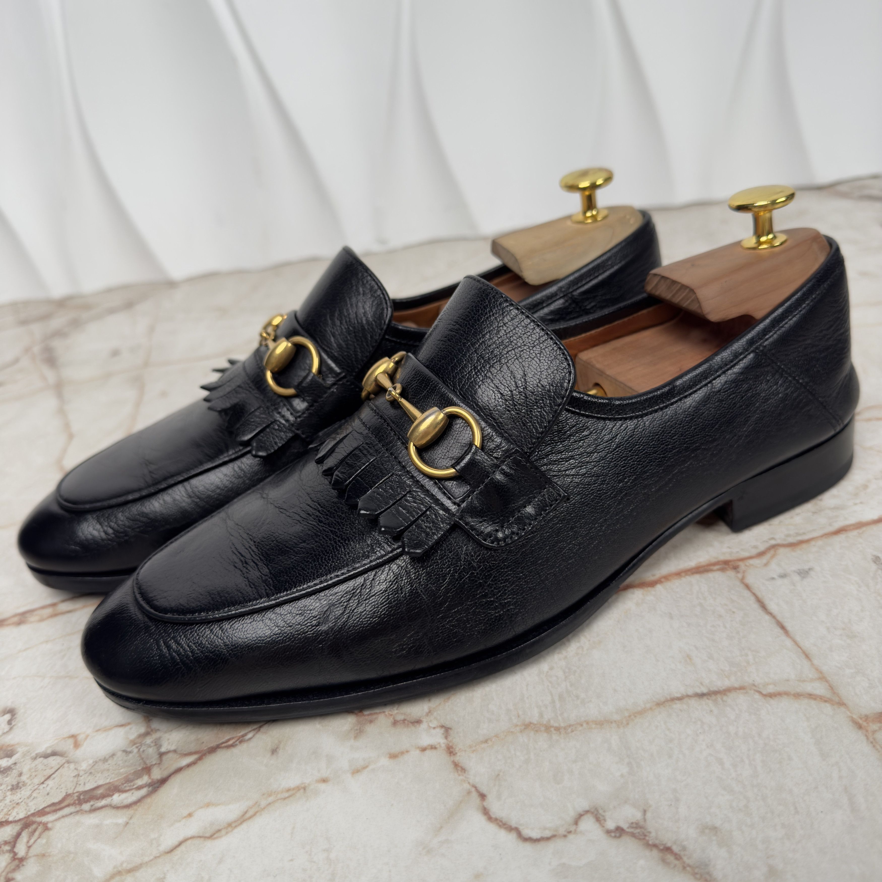 Gucci Horsebit Collapsible Heels Bees Fringe Loafers Black 
