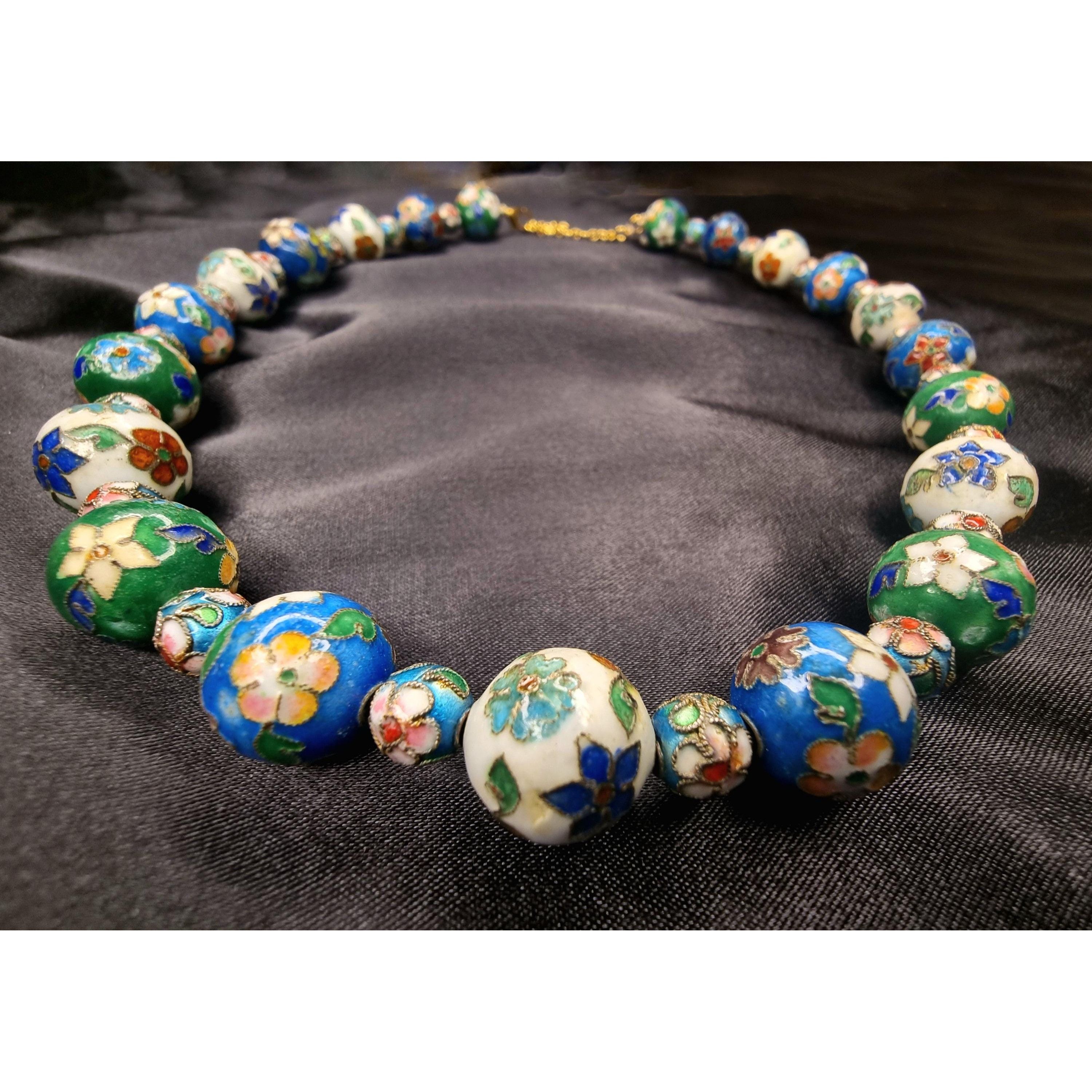 Vintage Vintage Asian Cloisonne Blue Green White Floral Flowers Bead Size ONE SIZE - 3 Thumbnail