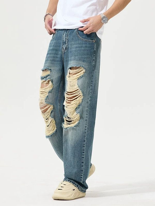 Japanese Brand × Jean Straight loose high street American men's ripped jeans Size US 32 / EU 48 - 2 Thumbnail
