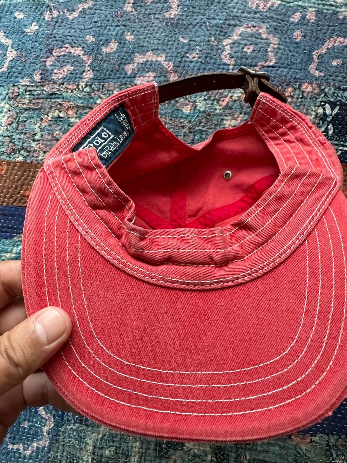 Polo Ralph Lauren RL Washed Distressed Light Pink Leather Cord Cap 90s Taiwan Size ONE SIZE - 4 Thumbnail