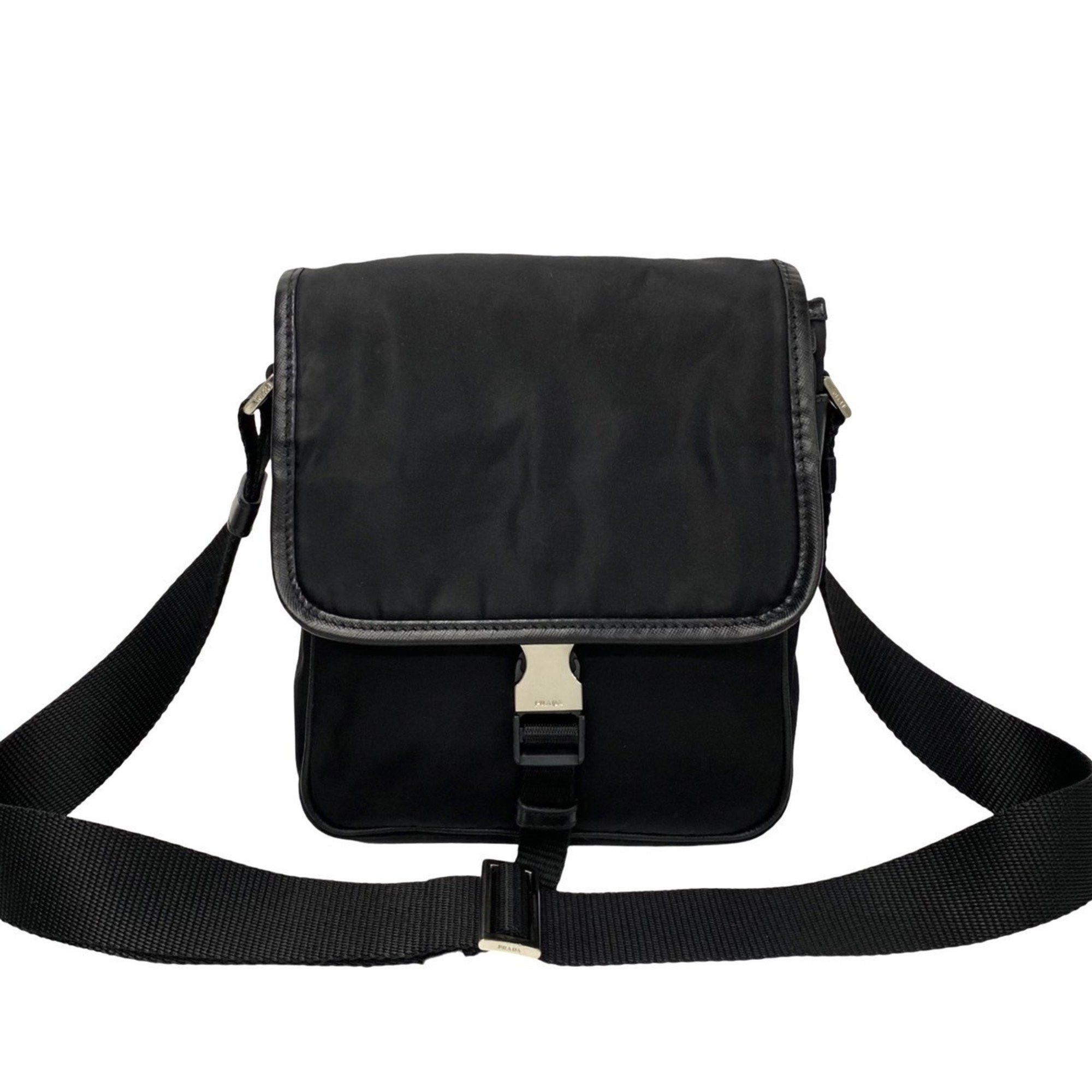 image of Prada Triangle Metal Fittings Nylon Leather Shoulder Bag Pochette Black 28828, Women's