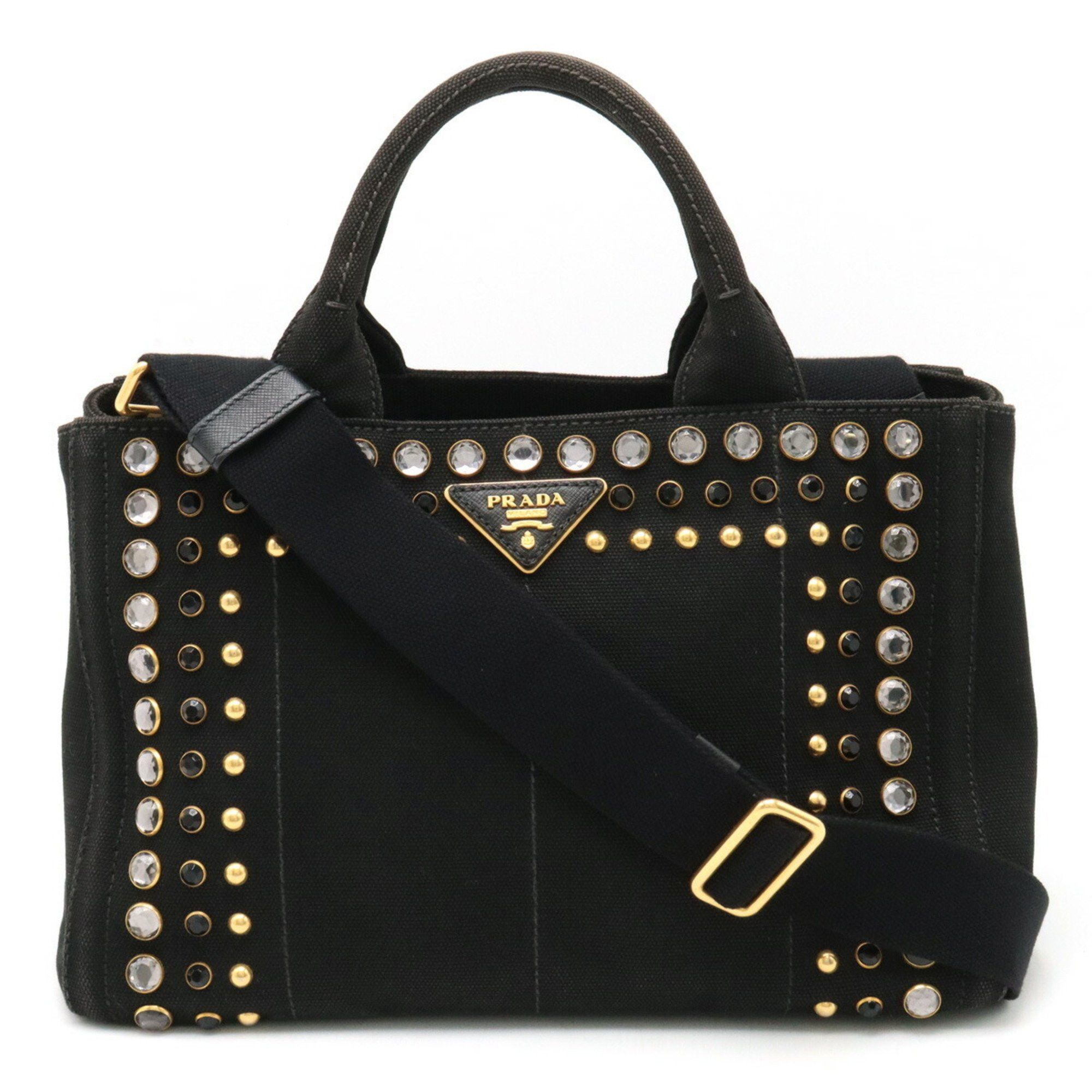 image of Prada Canapa Tote Bag Handbag Shoulder Bijou Studded Canvas Nero Black B24390, Women's