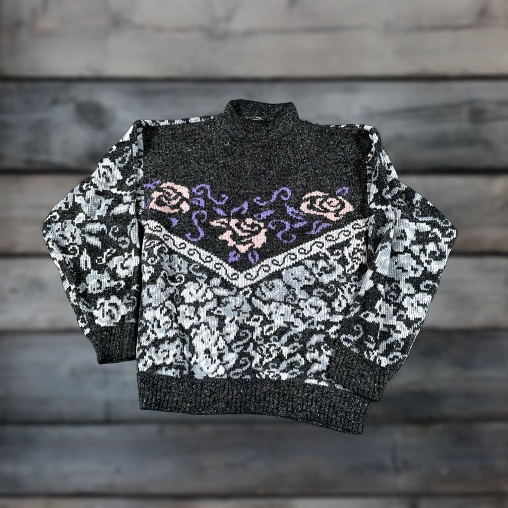 Vintage VTG Stefano Gray Floral Paisley High Neck Sweater Women's XS Knit Pullover 80s 90s Classic Preppy, Chilips (Note: remove this will cause incorrect). Size XS / US 0-2 / IT 36-38 - 1 Thumbnail