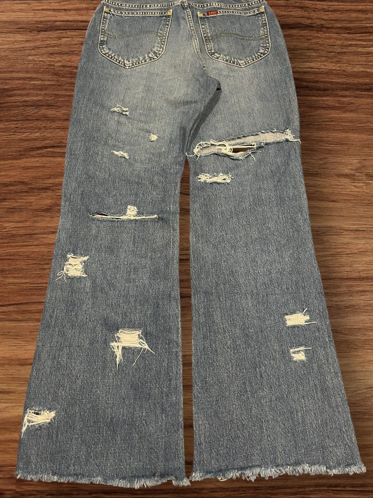 Lee × Vintage Vintage Miss Lee Trashed Punk Style Blue Washed Flare Jeans Size 31" - 10 Thumbnail