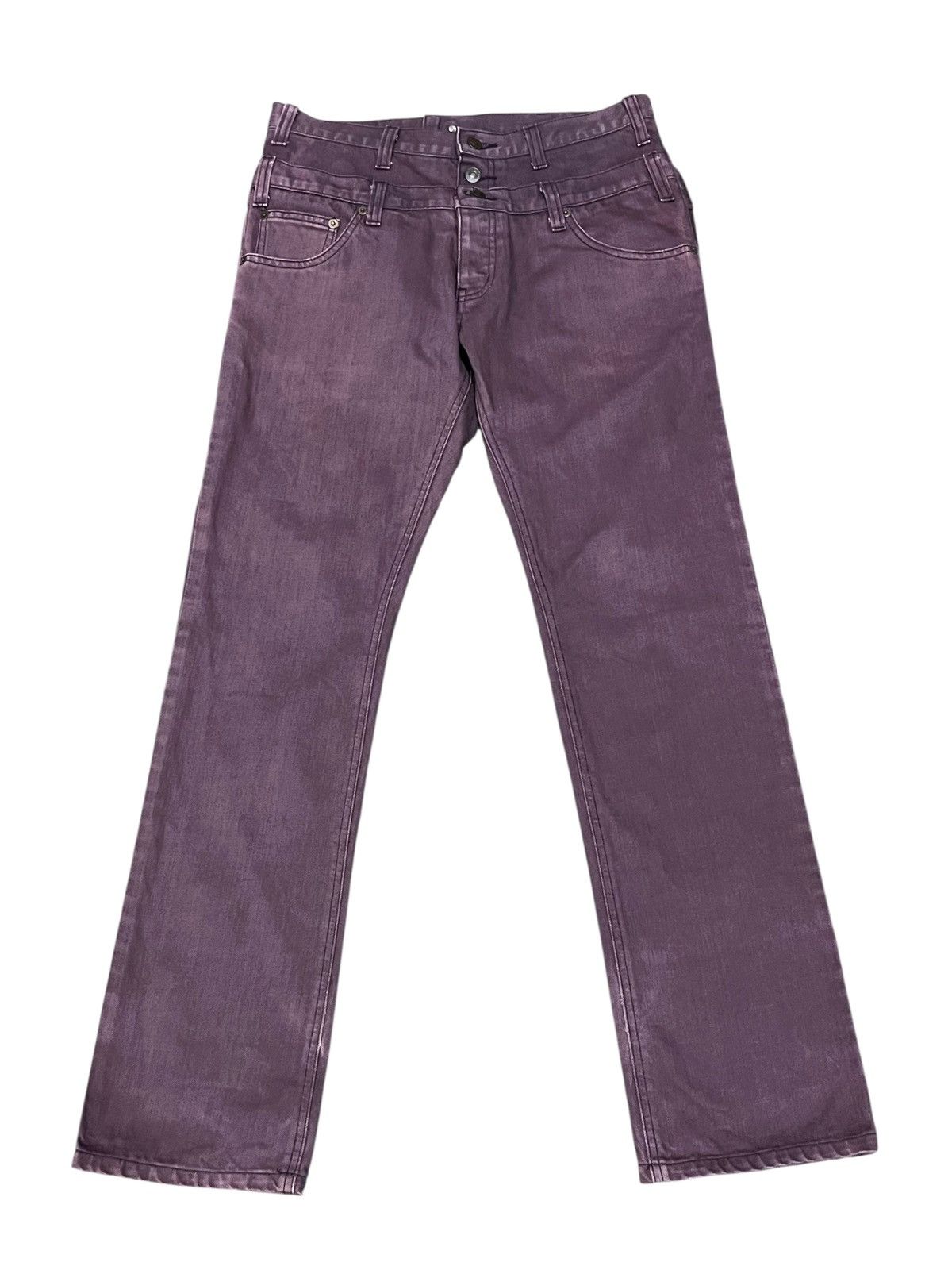 Japanese Brand 🔥Unique Jeans Open Arms Double Waist Back Flap Purple Pants Size US 31 - 6 Thumbnail