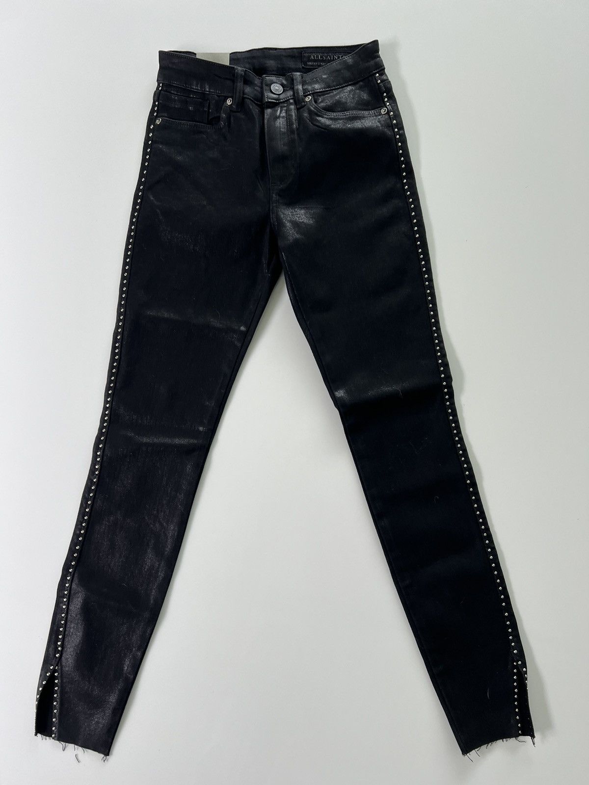 image of New With Tags Allsaints Black Studded “Faux Leather” Jeans, Women's (Size 24)
