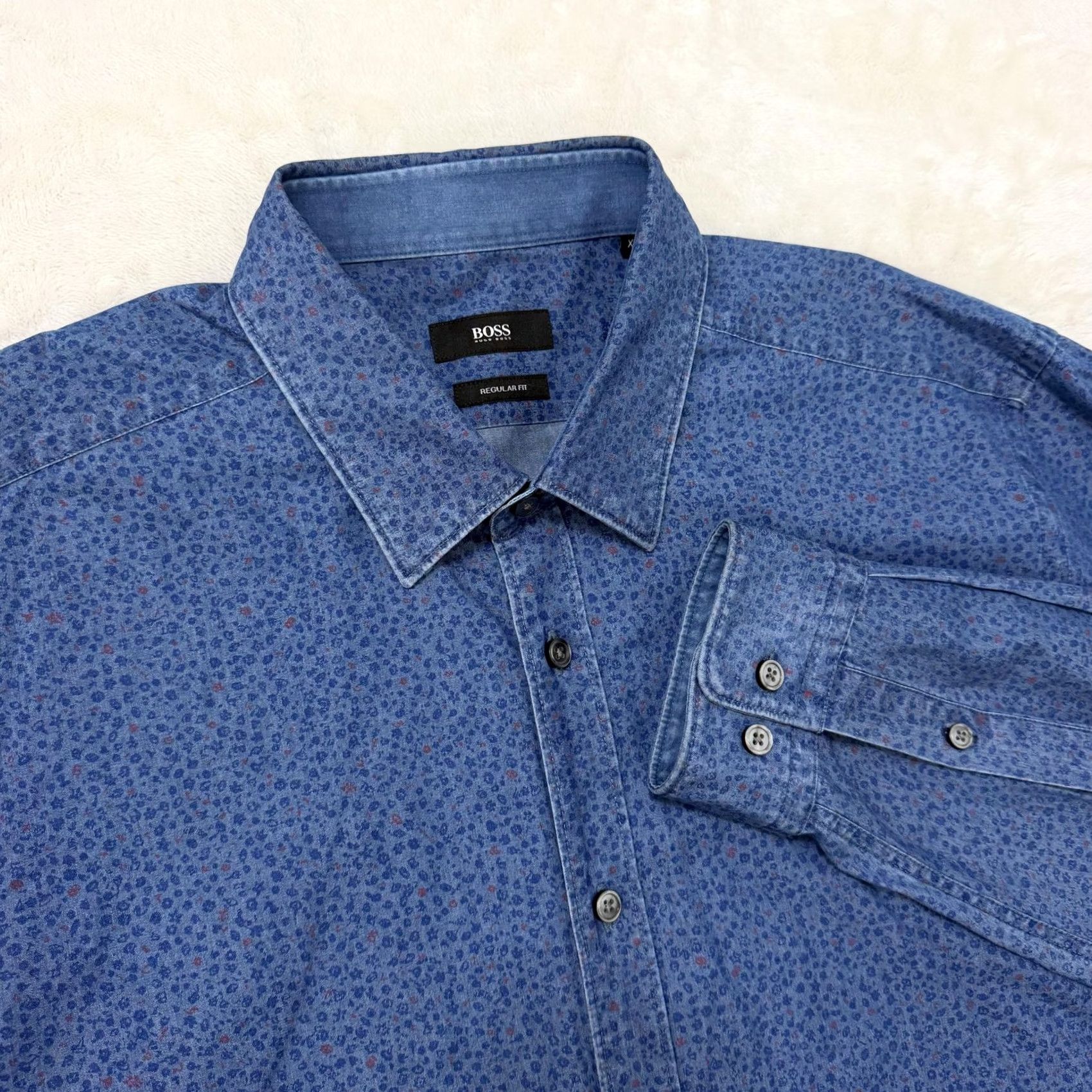 Hugo Boss VINTAGE None Hugo Boss Shirt Mens XL Blue Floral Chambray Regular Fit Button Up Size US XL / EU 56 / 4 - 2 Thumbnail
