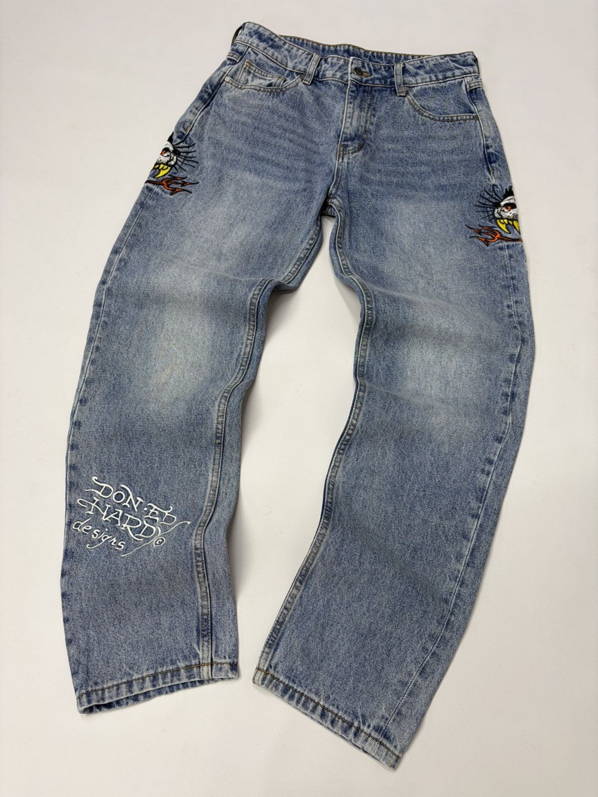 Ed Hardy Vintage Ed Hardy Embroidered Flame Denim Jeans Y2K Biker Size US 31 - 15 Thumbnail