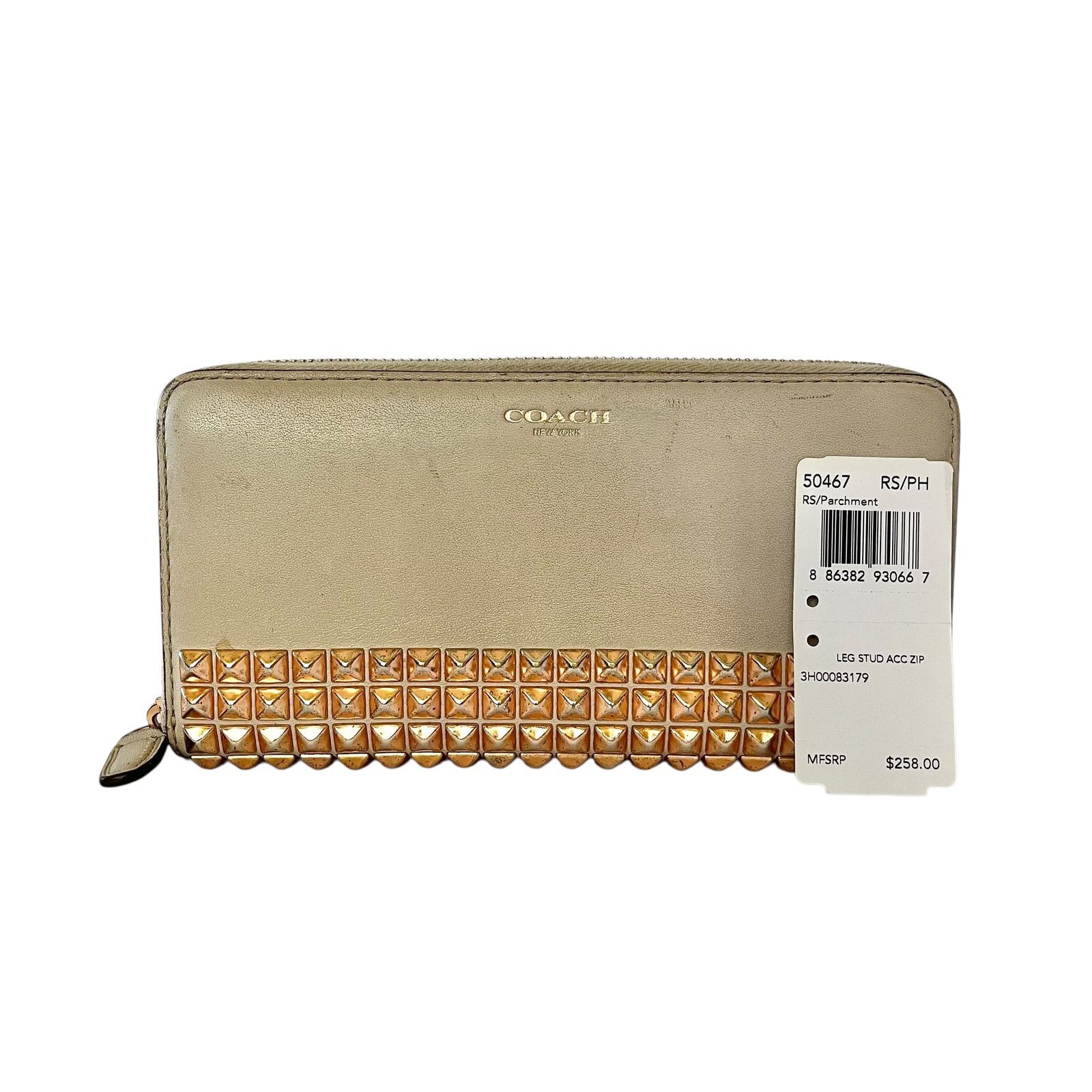 Coach Legacy Studded Accordion Parchment Leather Zip Wallet