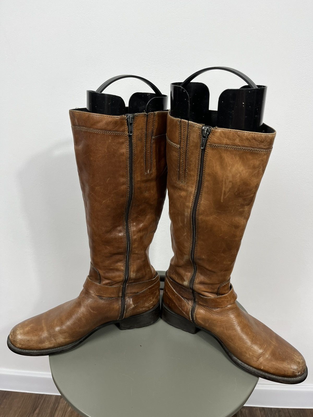 Leather Vintage Brown Leather Knee High Boots Side Zip Buckle EU 41 Size US 10 / IT 40 - 9 Thumbnail