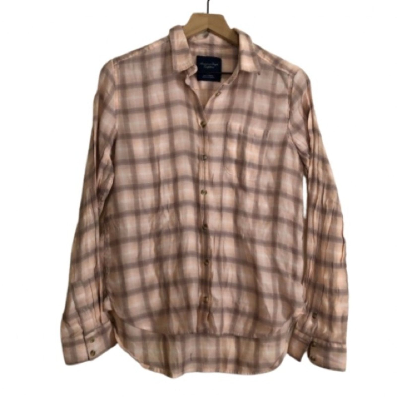 American Eagle Outfitters American Eagle Pink Brown Plaid Flannel Button Up Shirt Top Size M / US 6-8 / IT 42-44 - 1 Thumbnail