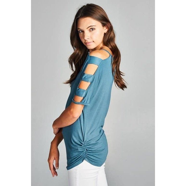 Other Emerald 1X Teal Cold Shoulder Short Sleeve Top With Side Ru Size XL / US 12-14 / IT 48-50 - 2 Thumbnail