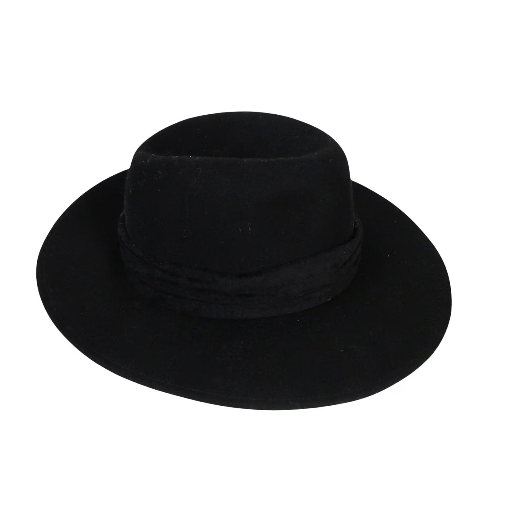 FELT VINTAGE Fedora Hat Wide Brim Black Wool Felt 70s Women One Size 23.5" circumference Size ONE SIZE - 5 Thumbnail