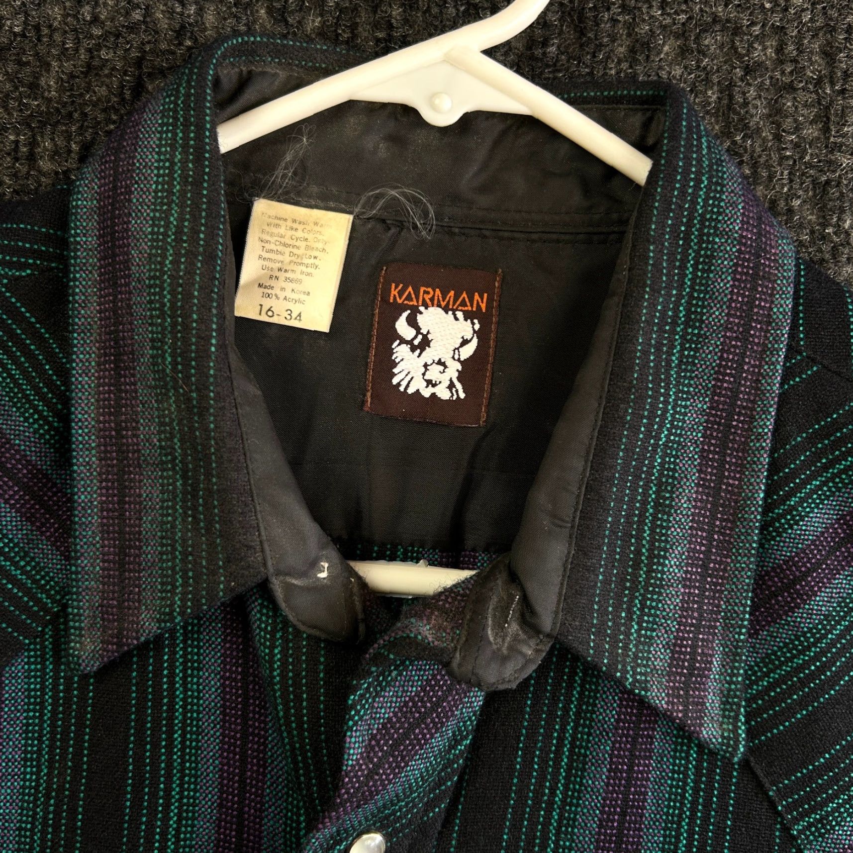 Armani VINTAGE Karman Button-Up Shirt Western Long Sleeve 16-34 Purple Stripes Black Acrylic Neck Collared Men 90s Western Southwestern Native Size US L / EU 52-54 / 3 - 3 Thumbnail
