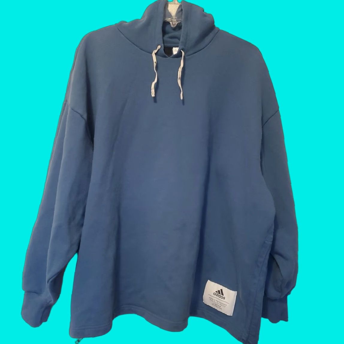 Adidas Pullover Hoodie Women Large Blue Long Rib Hem Sleeve Drawstring Cotton