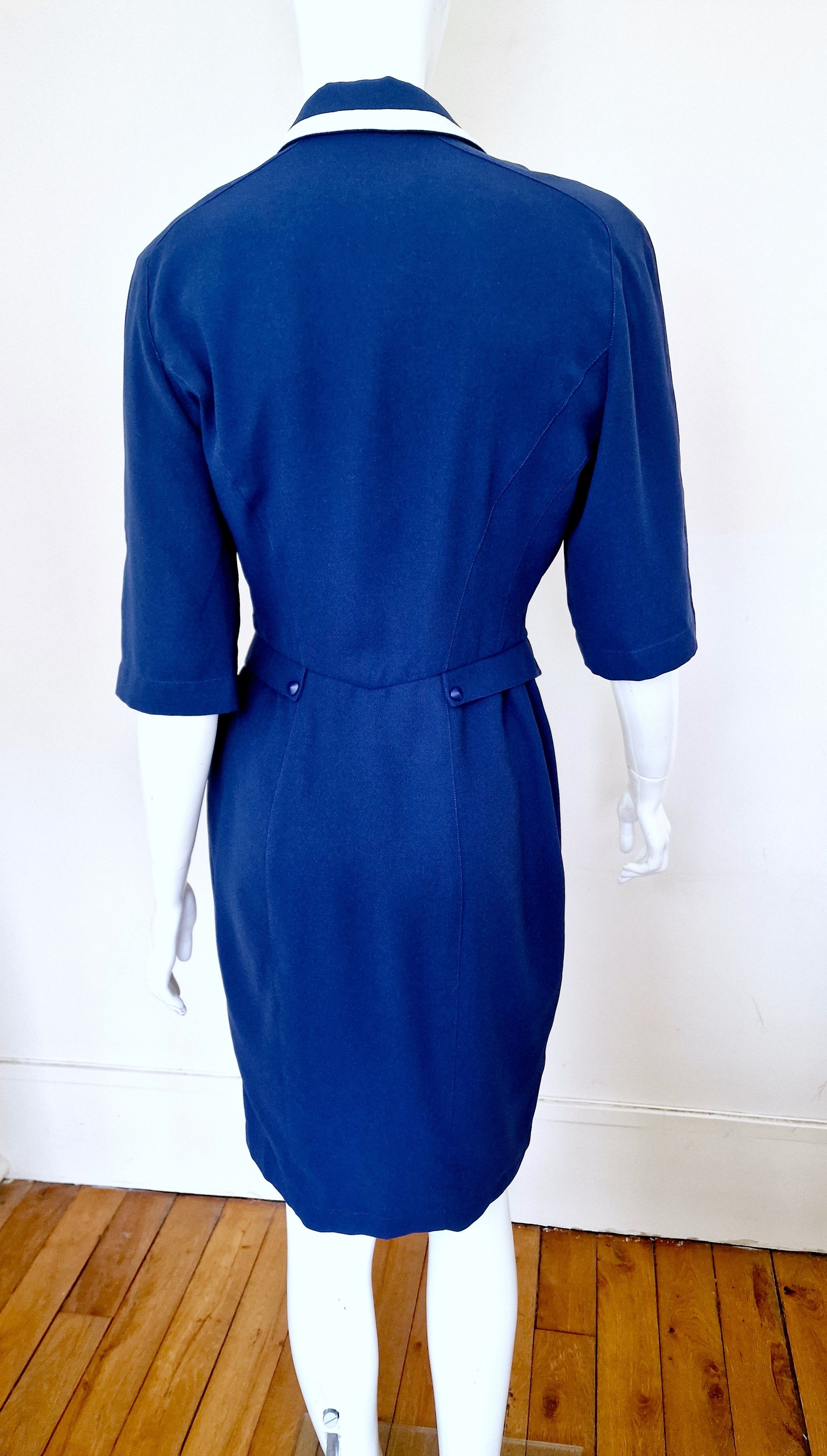 Thierry Mugler Thierry Mugler Navy Blue Crepe Bow Stripe Vintage Dress Size M / US 6-8 / IT 42-44 - 4 Thumbnail