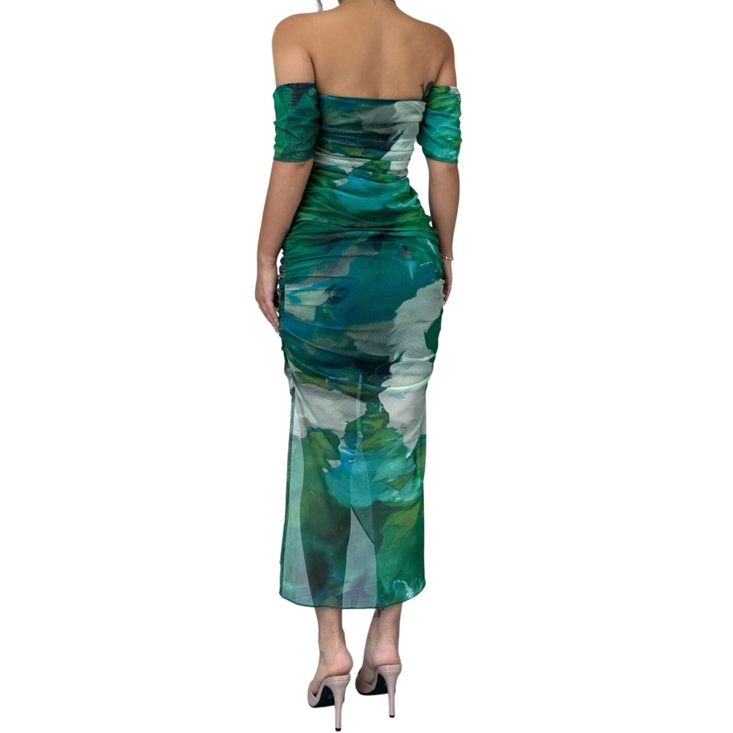 Shein Shibori Print Off-Shoulder Bodycon Dress in Green, Size M Size M / US 6-8 / IT 42-44 - 2 Thumbnail